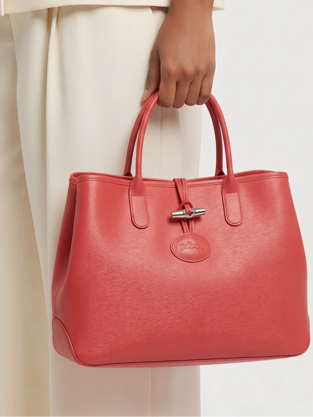 Longchamp Roseau Coral-Red Leather Tote with Toggle Detail - Picture 7 of 17